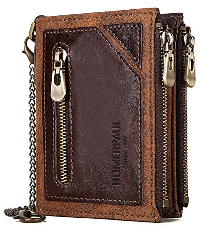 Cartera de Cuero Genuino para Hombre,RFID Bloqueo Bifold Cremallera Billetera con Cadena 7 Porta Tarjetas de Crédito Ranuras+2 Bolsillo para Billetes+3 Bolsillo para Tarjeta de Monedas,Brown