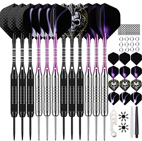 12 Pack Darts Metal Tip Set 22/24 Grams, Steel Tip Darts with Premium Black Purple Aluminum Shafts, Extra 50 Rubber O-Rings 6 Nylon Shafts 24 Flights 12 Spring Rings 16 Flights Protector 1 Tool Kit