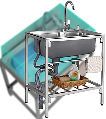 Silver Free Standing Kitchen Sink, Portable Handwashing Station with Thicken Bracket Commercial 360°Hot and Cold Faucet Stainless Steel Units Sink for Garage Restaurant Kitchen Outdoor