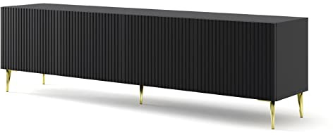 BIM Furniture Lowboard TV Schrank Ravenna B 4D 200 cm gefräste dekorierte MDF-Fronten auf goldenen Metallbeinen Stehen Unterschrank Fernsehschrank TV Board Sideboard HiFi-Tisch (Schwarz Matt)