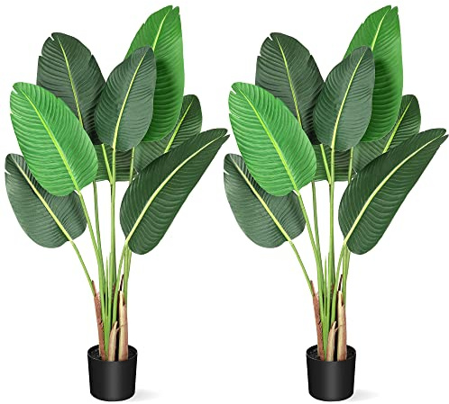Hosslly [2 Packs] 4 Feet Artificial Tree Bird of Paradise with 8 Trunks, 48 inch Faux Plant Fake Banana Tree Plant with Pot for Home, Decor, Indoor, Outdoor, Living Room, Office