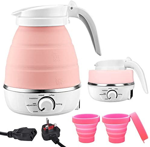 Foldable Electric Kettle - Portable Silicone Kettle for Travel with Separable Power Cord and 2 Silicone Folding Cup, Folding Electric Kettle for Indoor, Outdoor, Camping,Travel Kettle