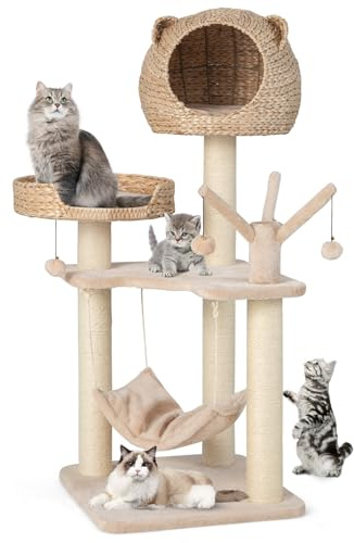 COSTWAY Arbre a Chat XXL 121 cm, Arbre a Chat Bois, 3 Poteaux à Griffer en Sisal, Tour pour Chaton, 3 Plateformes, Condo, Hamac, 4 Pompons, 49,5 × 49,5 × 121 cm