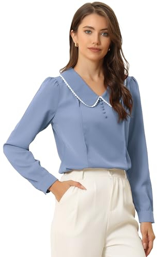 Allegra K Chemisier en Mousseline de Soie avec col Claudine pour Femme avec Garniture au Crochet Bleu poussiéreux M