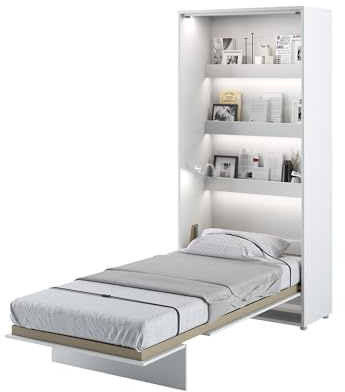 MEBLINI Schrankbett Bed Concept - Wandbett mit Lattenrost - Klappbett mit Schrank - Wandklappbett - Murphy Bed - Bettschrank - BC-03-90x200cm Vertikal - Weiß Hochglanz/Weiß mit Matratze