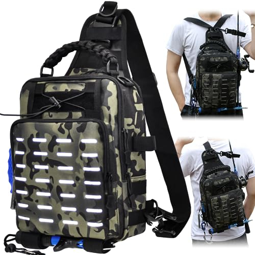 Gefischtter Angeltasche - Sling Bag Tackle Storage - 44 x 22 x 12 cm - Schwarz und Grün - Wasserdicht - Nylon - Angeln, Outdoor, Freizeit