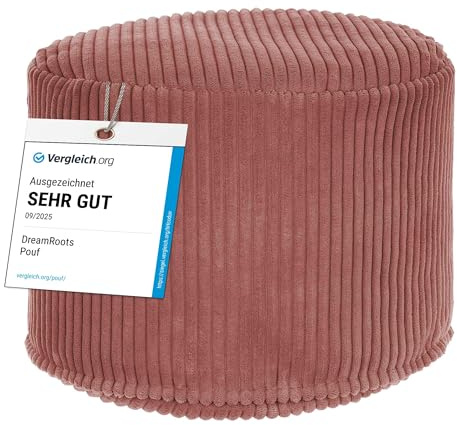 DreamRoots Cord Pouf Hocker rund 50x50x35 cm, Ginger Spice | Runder Bodenstuhl, Sitzkissen Boden, 380 g/m², für Wohnzimmer, Schlafzimmer & Homeoffice, waschbar, Fußhocker