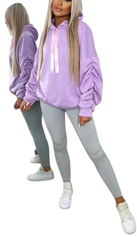 Crazy Girls Women's Ruched Sleeve Oversized Ladies Ribbon Hoodie Jumper top (UK, Numeric, 8, 10, Regular, Regular, lilac)