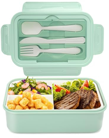 LUZOON Lunch Box,1400ml Bento Box con 3 Scomparti e Posate per Adulti, Porta Pranzo con Posate e Scatola Per Salse,Senza BPA,Sicuri per Microonde e Lavastoviglie (Verde Chiaro+Sauce Box)