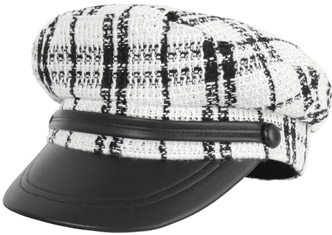 MEGAUK Damen Kariert Ballonmütze Winter Mütze Schirmmütze Wollmütze Barett Beanie Maler Kappe Baske Baskenmütze Beret Cap Herbst Winter Hut (Weiß 56-58cm)