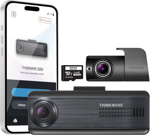 THINKWARE Q200 2CH Dashcam 2K vorne, 1080P hinten, Auto-Dashcam, WLAN, WDR, Geschwindigkeits- und Rotlichtwarnungen, ADAS, max. 256GB, Parküberwachung, Nachtsicht (32GB MicroSD, 12V-Zigarettenanzünder