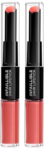 L'Oréal Paris Infaillible 24H Lipstick Flüssiger Lippenstift 2-in-1, langer Halt mit feuchtigkeitsspendender Pflegespülung mit Hyaluron-Gel, Farbe 404 Corail Constant – 2 Kosmetika