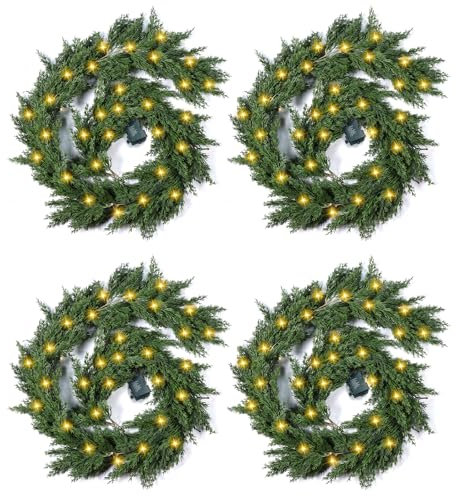 4 Pack LED Christmas Cedar Garland Lighted Artificial Pine Cypress Vines Faux Christmas Evergreen Mantle Fireplace Cascading Garland for Indoor Outdoor Table Stairs Winter Decoration (6 ft)