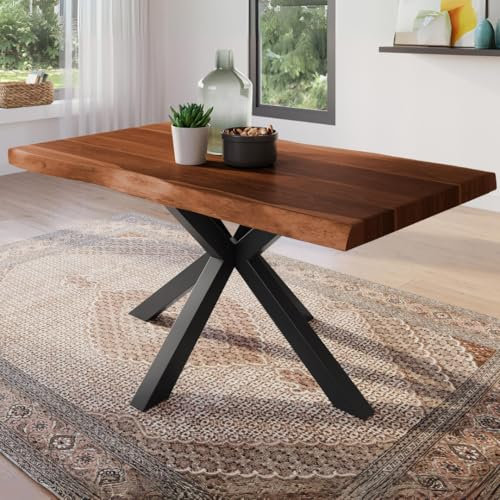 trelevo Esszimmertisch 140x80 cm, Akazienholz massiv, Tischplatte nussbaumfarben, echte Baumkante, Spider Gestell schwarz, Baumkantentisch
