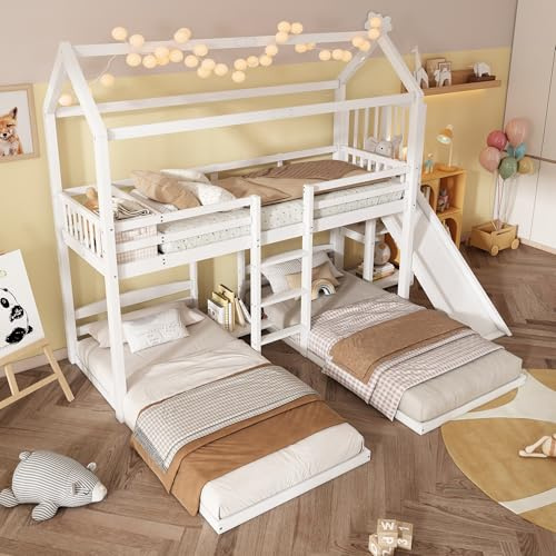 Cama triple 90 x 200 cm, con cuna, tobogán, estantería y escalera de 3 niveles, marco de pino, cuna con techo, madera de pino y MDF