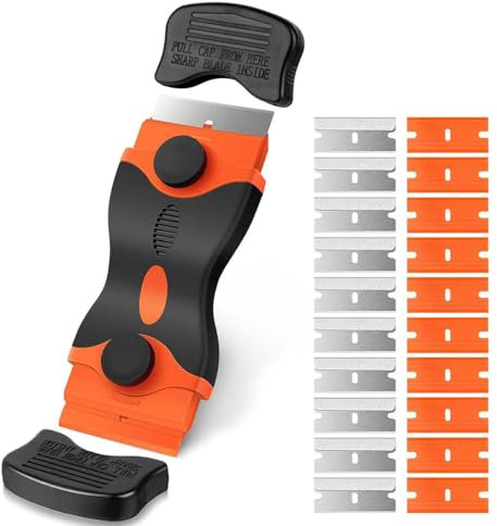 2-in-1 Scraper Tool with 20 Blades (10 Plastic + 10 Metal) - Non-Scratch Paint, Sticker & Burnt Food Remover for Glass, Oven, Tile & More (Orange)