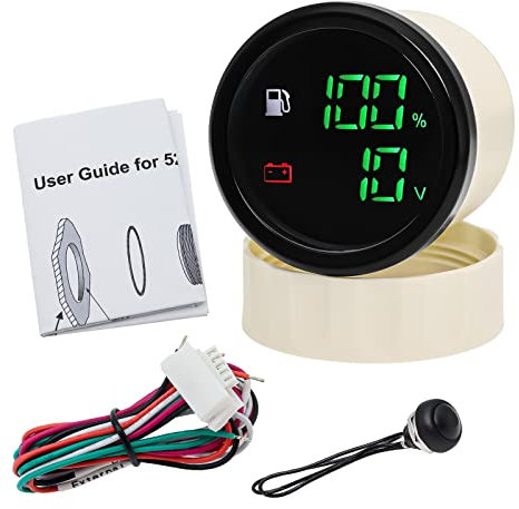Medidor de Gasoil Deposito, Indicador digital dual de 52 mm con nivel de combustible de advertencia + medidor de voltaje 2 en 1 for sensor de nivel de combustible 0-190ohm Marine Boat Car Truck,para