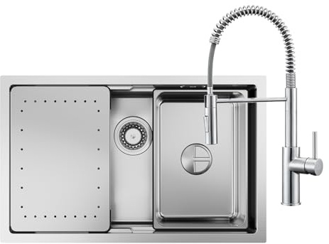 CECIPA Fregadero rectangular de acero inoxidable, 70 x 44 cm, incluye grifo con muelle en espiral, 1 fregadero grande de acero inoxidable