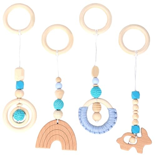 FENYW Lot de 4 arche de jeu pour bébé à partir de 0 mois, pendentif en bois pour filles et garçons, bleu