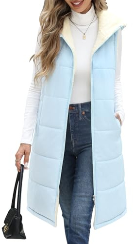 Yuson Girl Gilet da Donna Lungo Giacca Smanicato Invernale Giubbotto Senza Maniche Pile Elegante Leggero Caldo Lunga Piumino con Cappuccio Imbottito Casual Cappotto Invernali(Blu, XL)