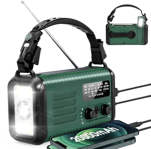 Bewinner Handvev Emergency Radio, Solenergi NOAA Weather Radio med AM FM, 20000mAh Uppladdningsbart Batteri, Fick och Läsningsljus, SOS -larm