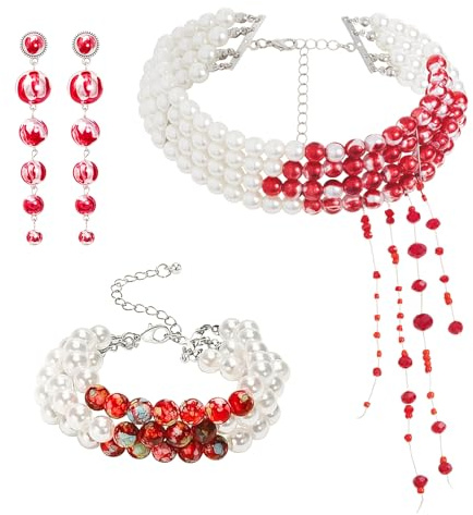 MorLuks Tropfende Blut Imitationsperlen Schmuck Set, 3 Stück Halloween Deko Halskette Armband Ohrringe, Perlen Gothic Schmuck mit Blut, Halloween Kostüm Accessoires für Vampir Party Damen