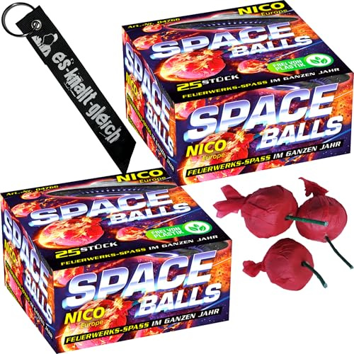 50 Space Balls Knatterbälle mit knisternden Silberfunken Knalltüten | Knattertüten - Ganzjährigers Jugendfeuerwerk von NICO Europe mit mit Anhänger
