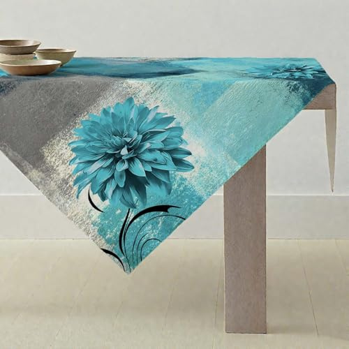 ViaElayu Tovaglia Turchese Blu Verde Retrò Fiori Decorazione da Tavolo Piazza Fattoria Rustico Pittura a Olio Tovaglia Lavabile Decorativa da Copritavolo 100x100 cm per Cucina Caffè Feste Matrimonio