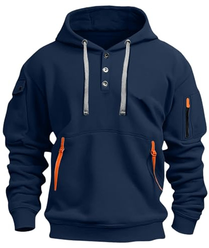 Överdimensionerad luvtröja män med huva män Storbritannien tjockare varm fleece huvtröjor knapp upp krage långärmad toppar lätt bekväm huvtröja med fickor arbetskläder enkla huvtröjor, Mörkblått, XXL