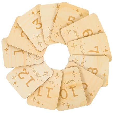 BEBEMOKO 12Pcs Growth Wooden Milestone Cards Beech Wood Photo Props Monthly Keepsake Natural Grain Design