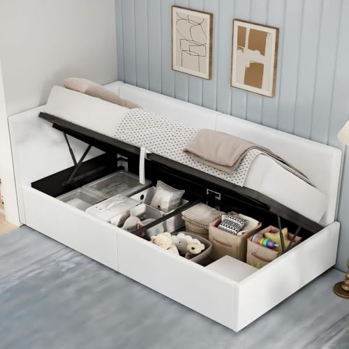 LUXOAK Tagesbett 90x200 cm mit Bettkasten und Gasdruckfeder, Weiß | Weicher Samtbezug, 2-in-1 Sofa- und Schlafmodus, bis 400 kg belastbar, Rundumpolsterung, für Gäste- und Kinderzimmer