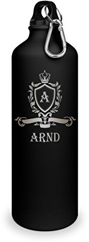 Trinkflasche mit Namen Arnd - graviert mit Wappen Monogramm, Aluminiumflasche mit Gravur, Sportflasche - matt schwarz