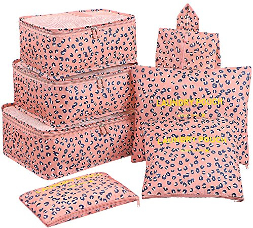 Mossio 7 set packkuber med skoväska – resehandbagage organisatör, rosa leopard, en storlek