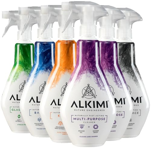 ALKIMI Cleaning Sprays, Variety Pack of 6 – Powerful Cleaning, No Harsh Chemicals, with Natural Essential Oils & Extracts, Multipurpose, Kitchen, Bathroom, Shiny Surface, Glass & Window