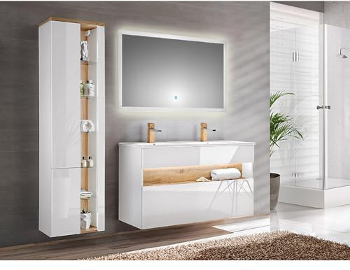 Lomadox Badmöbel Set mit Doppel-Keramik Waschbecken mit 120cm Waschtisch.Unterschrank, Hochglanz weiß mit Wotaneiche, LED-Spiegel
