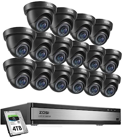 ZOSI H.265+ 1080p 16 Channel Security Camera System,16 Channel DVR with Hard Drive 4TB and 16 x Outdoor Indoor CCTV Dome Cameras black 1080p with 80ft Long Night Vision and 90° Wide Angle