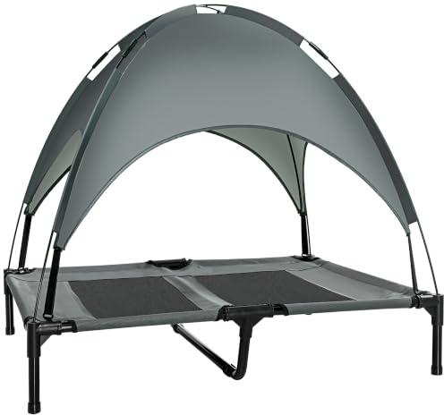 PawHut Erhöhtes Hundebett mit Baldachin Outdoor Grau 92 x 76 x 90 cm | Haustierbett, Hundeliege Outdoor mit Dach, Atmungsaktiv Sonnenschutz, Taftstoff, Camping