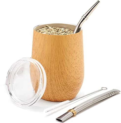 Balibetov Set de Mate Argentino - Kit Con Vaso de Pared Doble de Acero Inoxidable 18/8 - Incluye Dos Bombillas y Cepillo de Limpieza (355 ml, Madera Clara)
