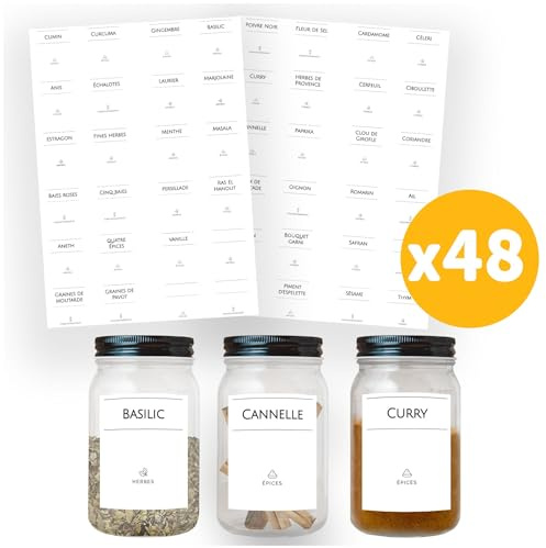 AVERY - Packung mit 48 Gewürzglas-Etiketten, gebrauchsfertig, minimalistisch, rechteckig, Größe 3,8 cm x 4,5 cm (inkl. 3 leeren beschriftbaren Etiketten)