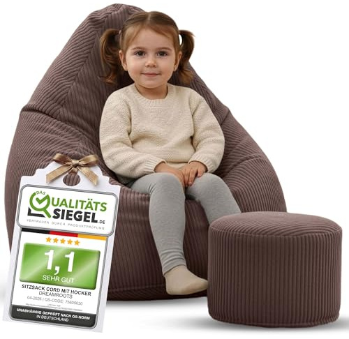 DreamRoots Sitzsack Kinder Cord 70x70x105 mit Hocker, Roasted Cocoa | Bean Bag Chair mit Hocker, Lehne & Bezug, mit Füllung, Sitzkissen Boden, Kindersitzsack Kinderzimmer