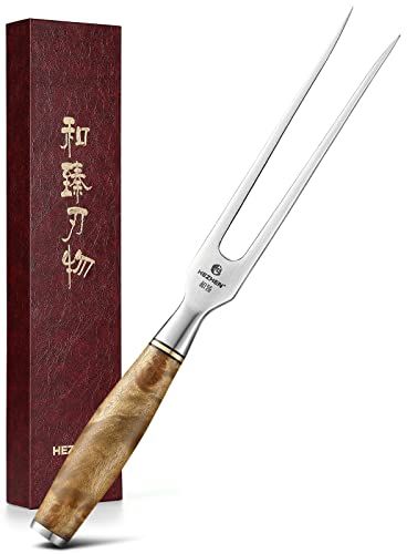 HEZHN Tranchiergabel Fleischgabel Outdoor Grillgabel 430 Edelstahl Figaro Bergahorn Holz Geschenkbox Verpackung