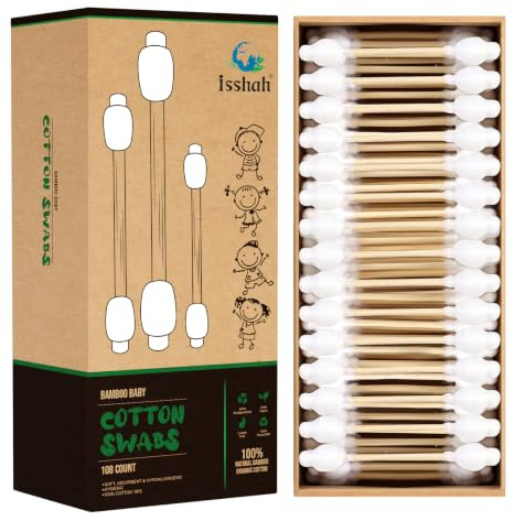 Isshah FSC Certified Bamboo Baby Cotton Swabs - Double Tips - 108 Count