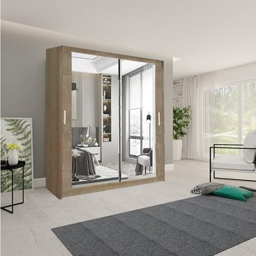 IE INTERIOR EMPORIUM Modern Double Mirror Sliding Door Cupboard in 6 Sizes & 4 colors (203cm, Oak)