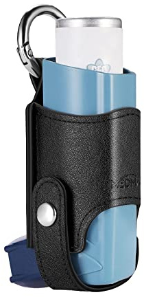 MEDMAX Custodia in pelle PU per Inalatore per Asma, Leggera Protettiva Porta Borsa da Viaggio con Moschettone, Inalatore non incluso (Solo Custodia), (Nero)