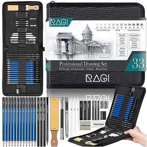 RAGI Bleistifte zum Zeichnen Set - 33-teiliges Zeichenstifte Professionell Set für Künstler - Zeichenset Enthält Kohlestifte, Grafitistifte und Zeichenzubehör – Im Schwarz Reißverschluss Etui