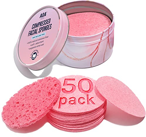 AOA Studio 50-Count Compressed Facial Sponges 100% Natural Cosmetic Spa Sponges for Facial Cleansing, Exfoliating Mask, Remove for Makeup, Dead Skin, and Dirt (50 counts, Pink)