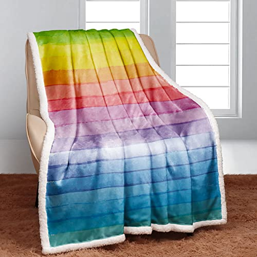 Violetpos Warm Sherpa Sofaüberwurf Decke 150x200 cm Dicke Kuscheldecken Sanft Flanell Weich Fleecedecke Bettüberwurf Regenbogen Bunte Wellen