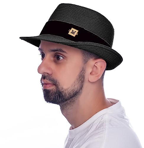HEYANN Sombrero de Paja Fedora para Mujer y Hombre, Sombrero de Verano para Caballeros (Negro, XL)