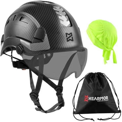 HEARMOR bauhelm mit Visier bauhelme Erwachsene ABS schutzhelm Bergsteiger Helm arbeitshelm Herren EN397 und EN12492 Stoßdämpfung Eindringfestigkeit Angefügt Visiere in transparent oder Smoke