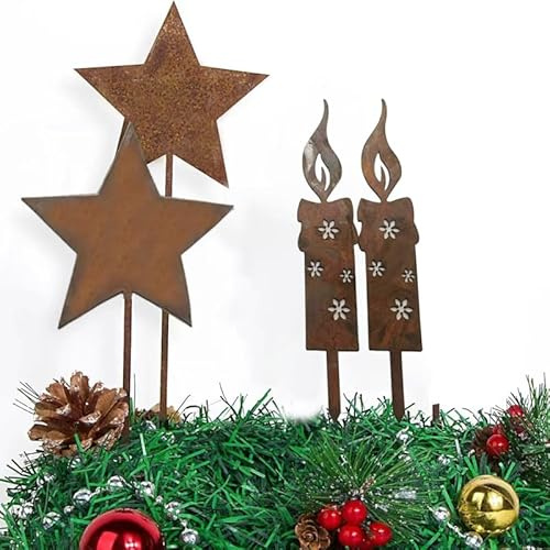 Roststecker Kerzen und Star Weihnachtsdeko 4 Stück Rost Gartenstecker Weihnachtskerzen Weihnachten Deko Rost Kerze Licht Metall Wetterfest, Draußen Gartenstecker Rost Kerze, Gartendeko Baumstecker